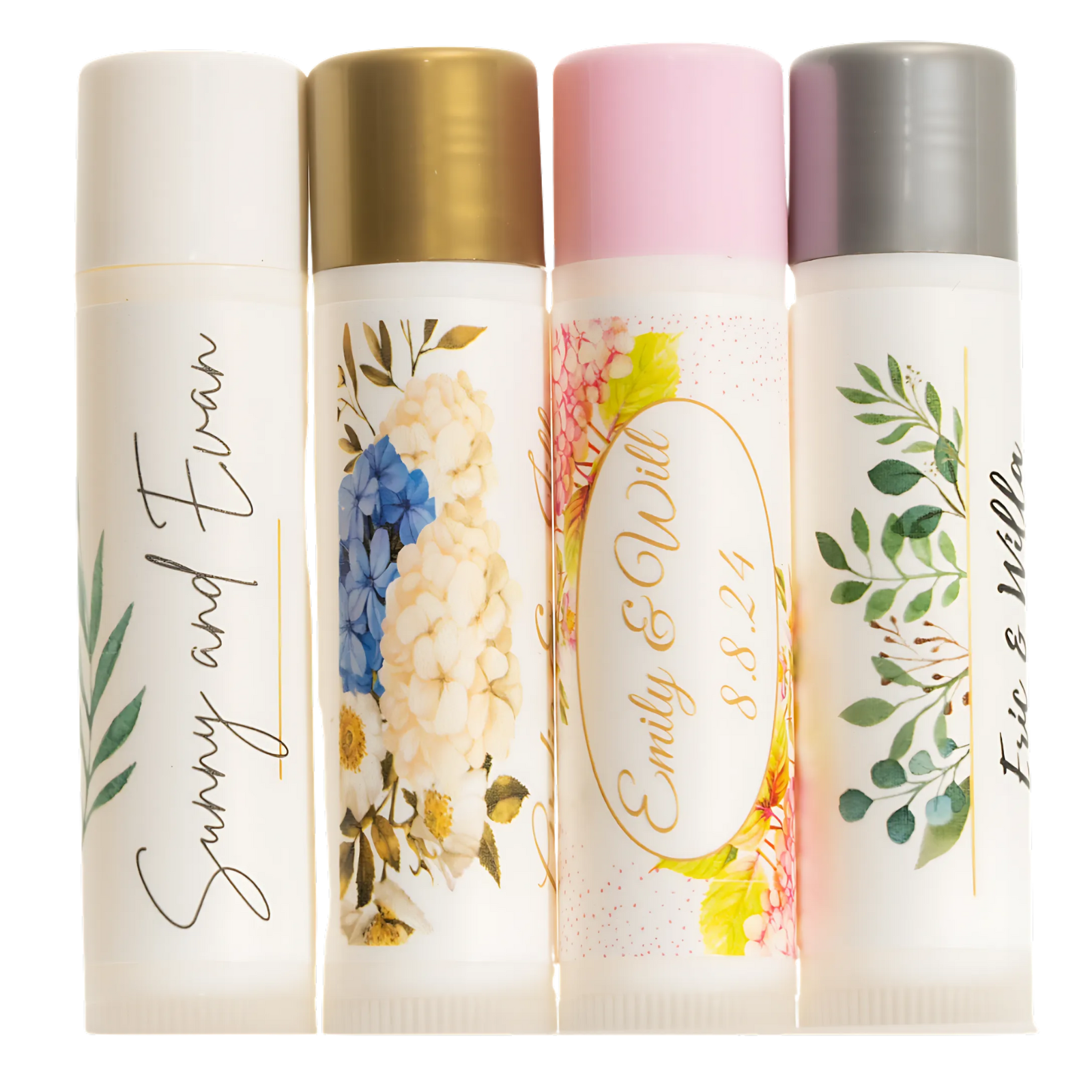 Personalized wedding favor lip balms with floral custom labels