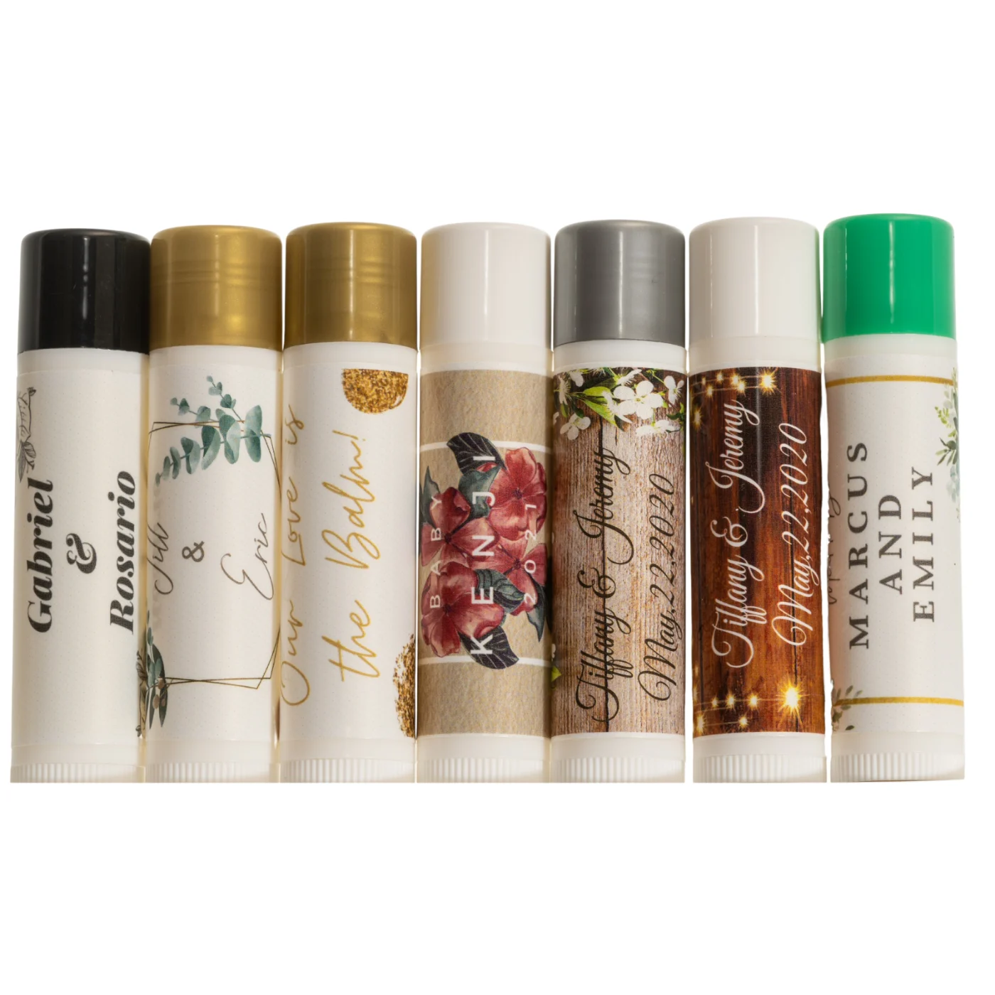 Custom branded lip balm tubes with personalized wedding and orthodontics labels
