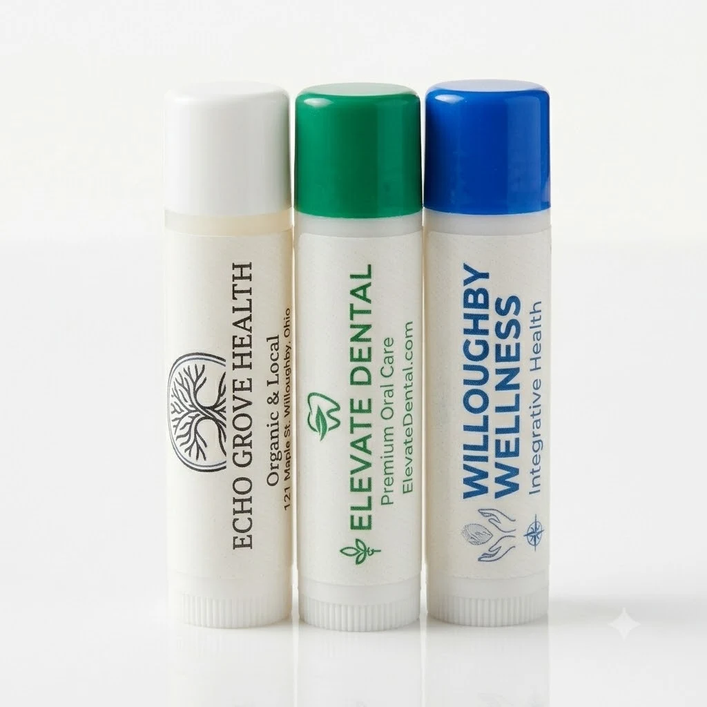 Custom lip balm for dental practices with practice logos