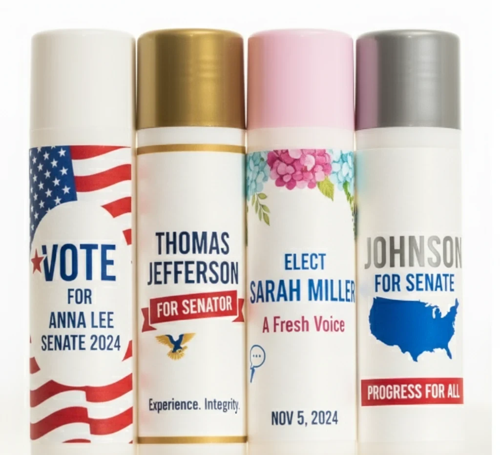 Custom campaign lip balm with Vote and Elect labels for political candidates