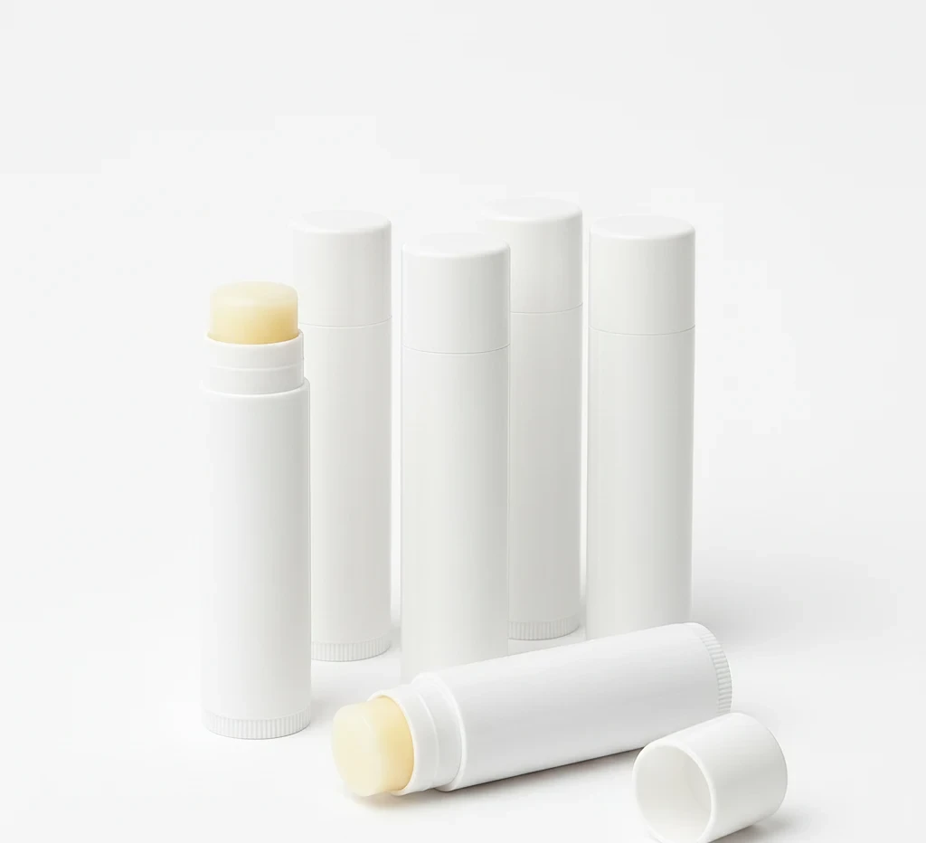 Rows of bulk unlabeled lip balm tubes