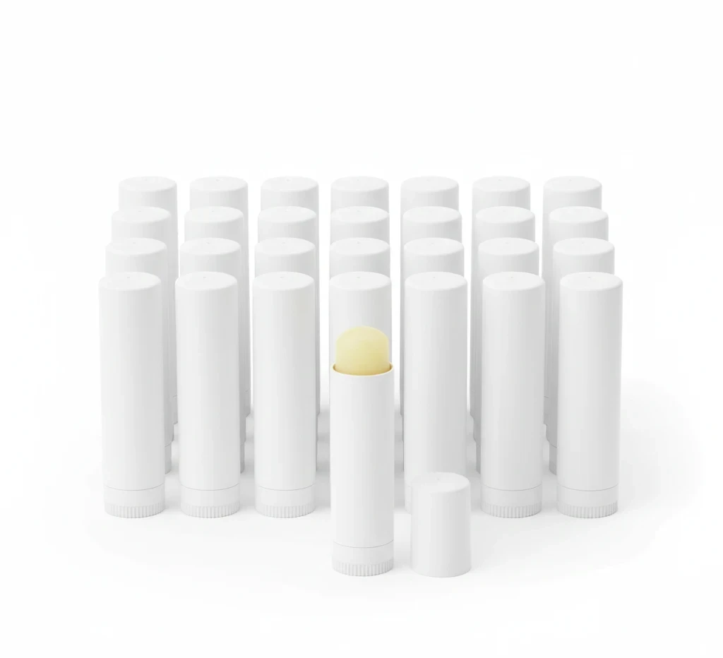 Open unlabeled lip balm tube showing natural balm