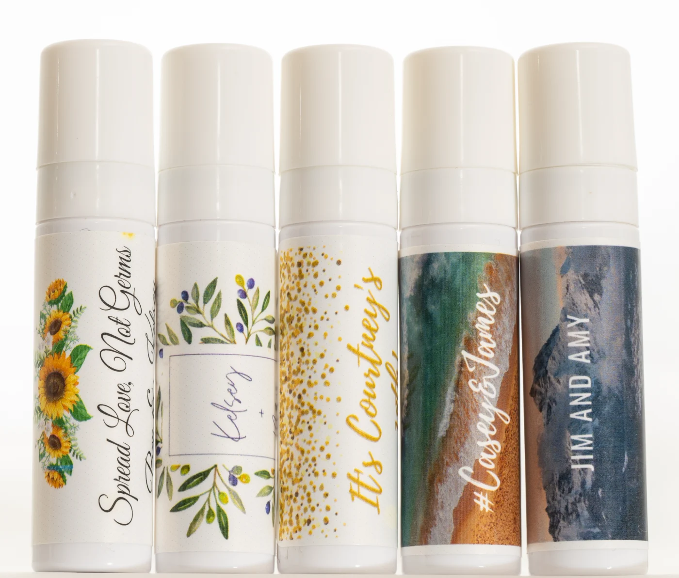 Personalized wedding hand sanitizer favors with sunflower and greenery labels