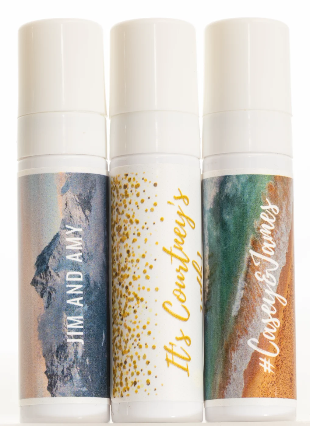 Custom wedding hand sanitizer favors with floral and beach labels
