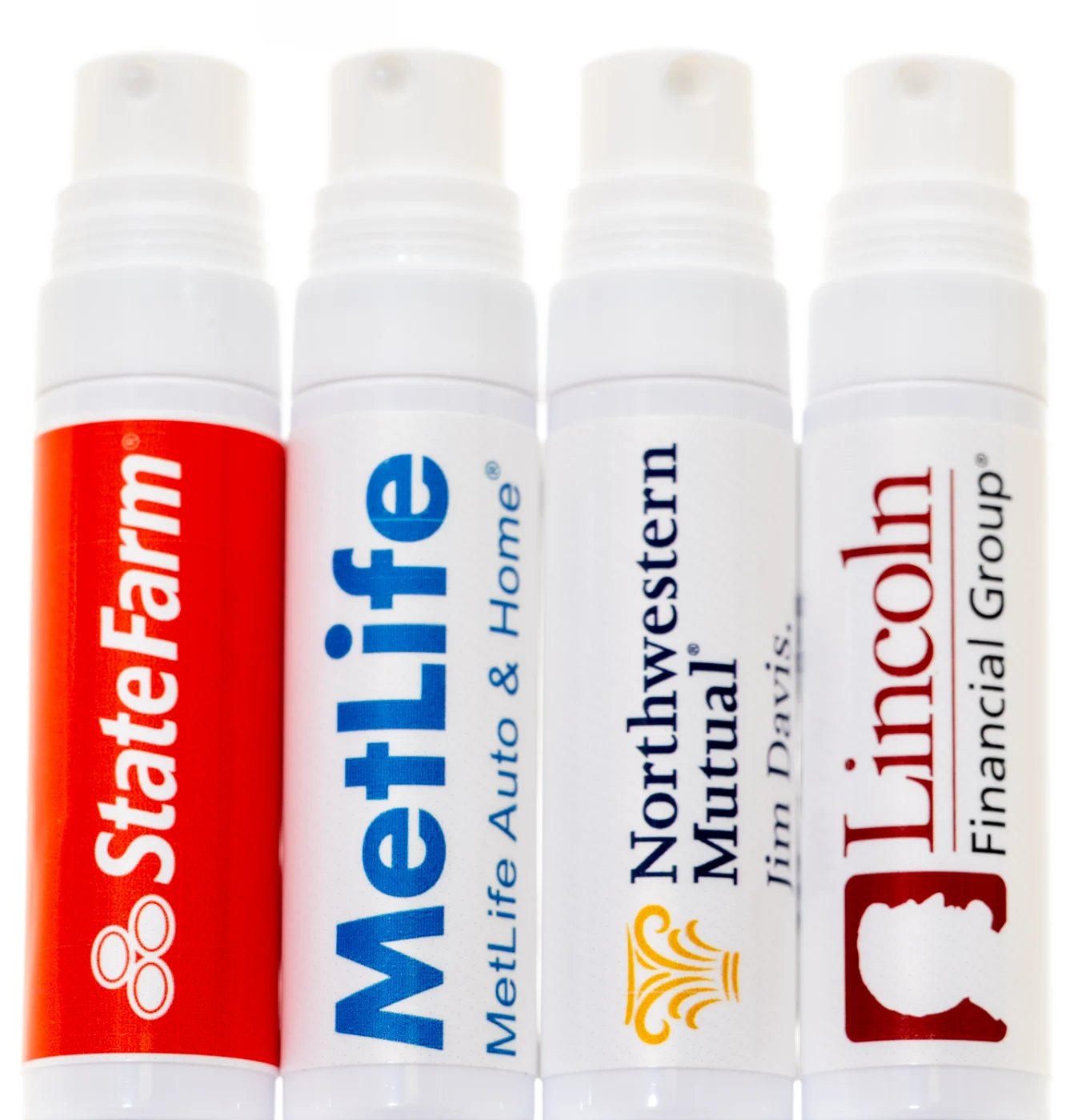 Custom hand sanitizer for insurance and financial brands including State Farm and MetLife