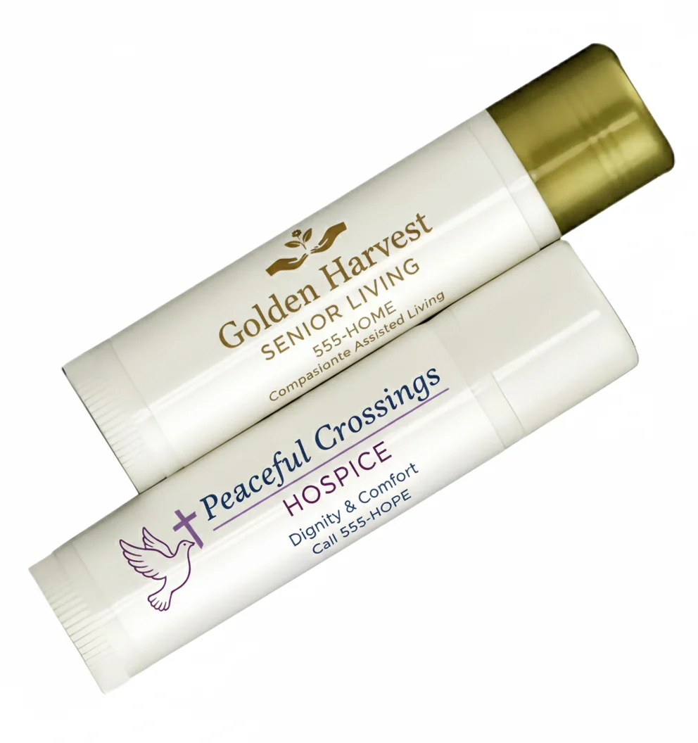 Custom lip balm tubes labeled for a senior living community and a hospice organization