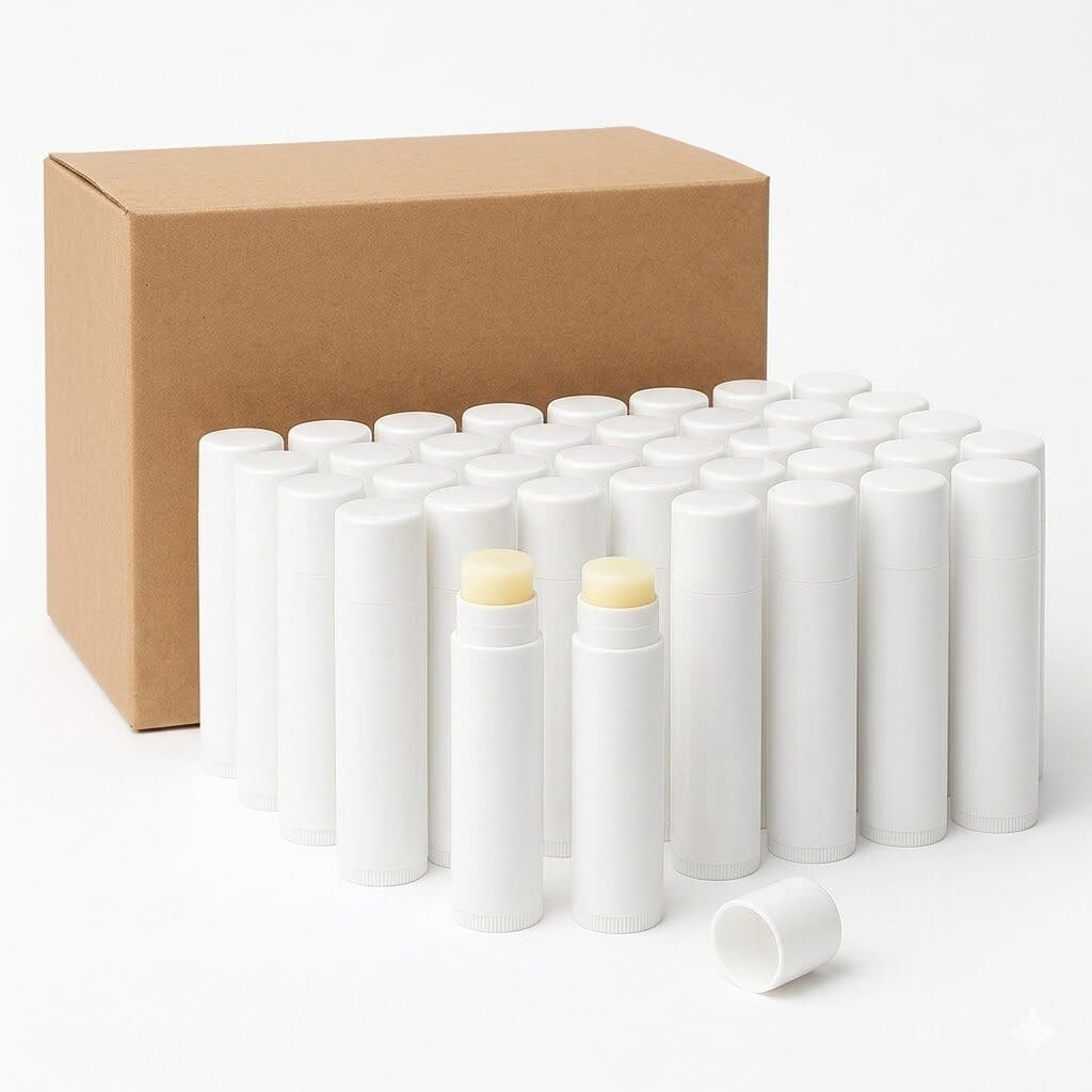 Bulk unlabeled white lip balm tubes in wholesale shipping case